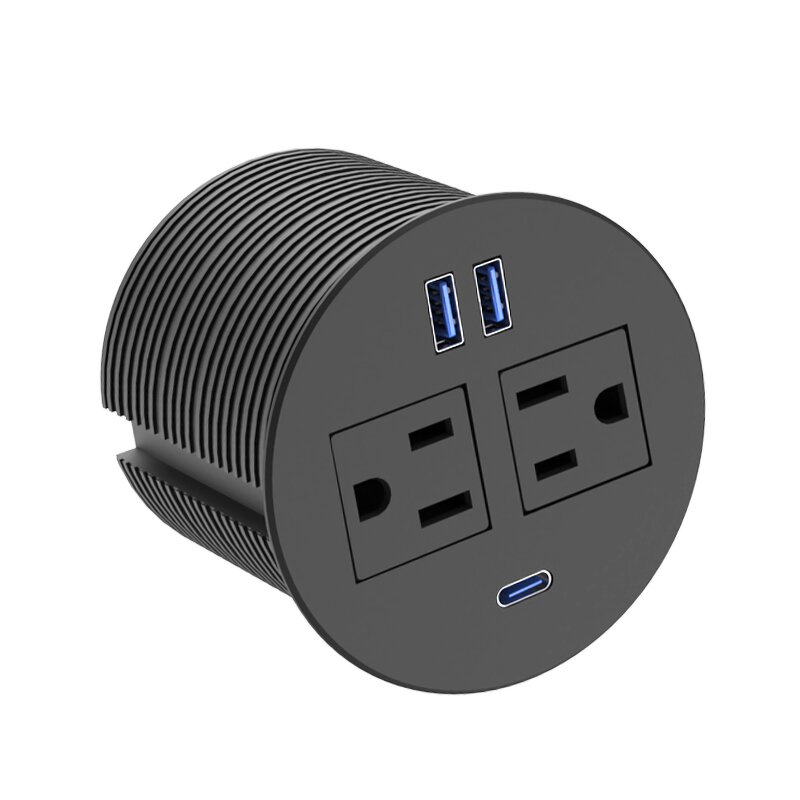 Round Recessed Desktop Power Grommet Socket Manufacturer - 125V NFC Network 2 AC Outlets 1 PD18W USB-C Flush Mount Desk Outlet NFC Technology