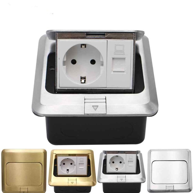 3F Series Aluminum/Cropper Panel Pop-up Floor Socket Manufacturer - EU Standard Power Double Outlet 2 USB With Phone Port RJ45 Internet Jack