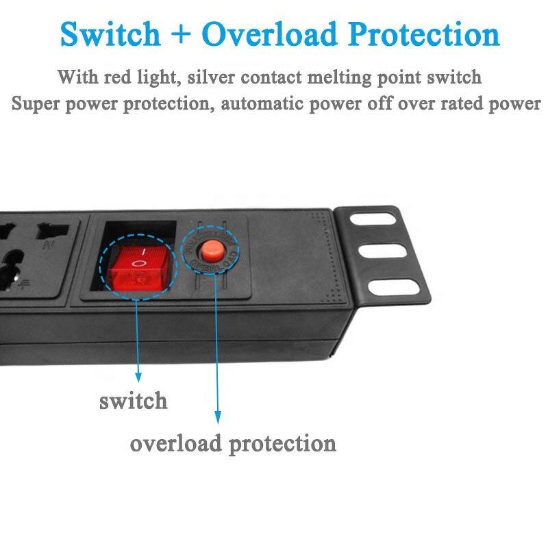 PDU Cabinet Power Strip Manufacturer - 6 AC Outlet Universal Socket 10A 250V 2500W Overload Protector with AU EU UK Israel PLUG Extension Cord