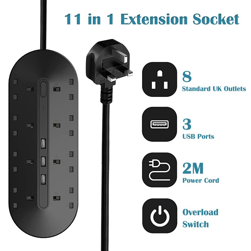 Extension Power Socket Manufacturer - In Stock with USB Ports 3 USB Ports Standard UK Socket Power Strip 3000W 13A