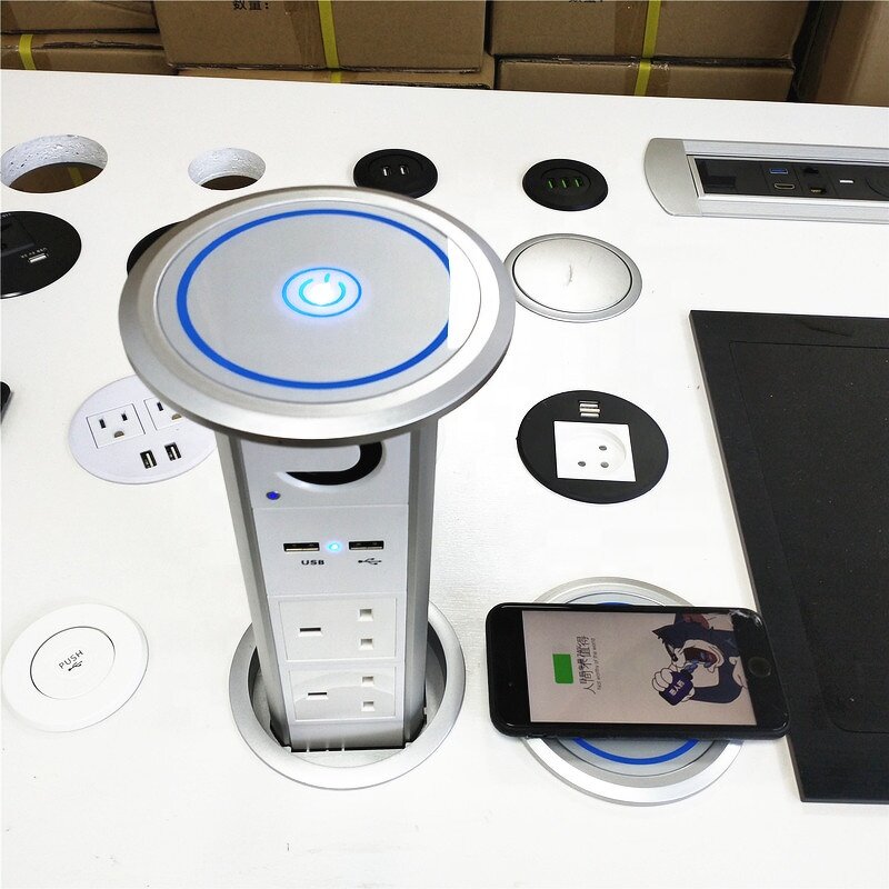 UK Plug Intelligent Motorized Pop-up Desktop Socket Manufacturer - with Speaker Top Wireless Charger Smart Electric Kitchen Pop-up Socket