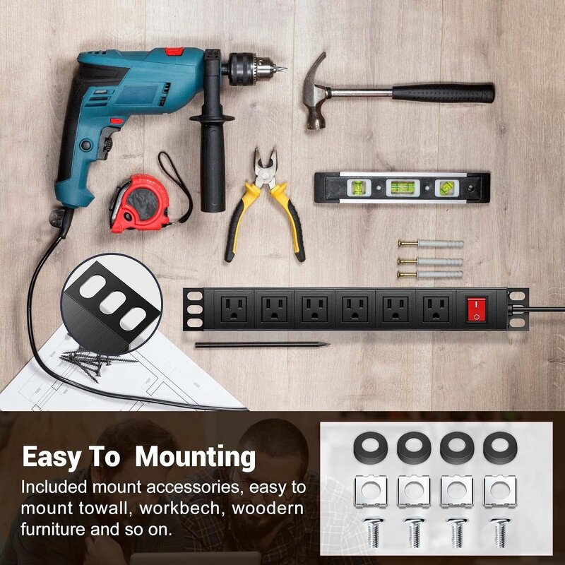 6 US Outlets Heavy Duty Power Strip Manufacturer - Mountable Metal Power Strip Outlet Rack Mount Power Strip for Workshop Kitchen Office