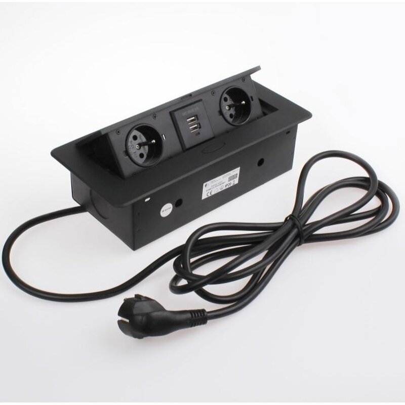 Flush-fitting Furniture Pop-up Socket Manufacturer - EU Standard with Two USB Chargers in Tabletop Power 1.5m Cable
