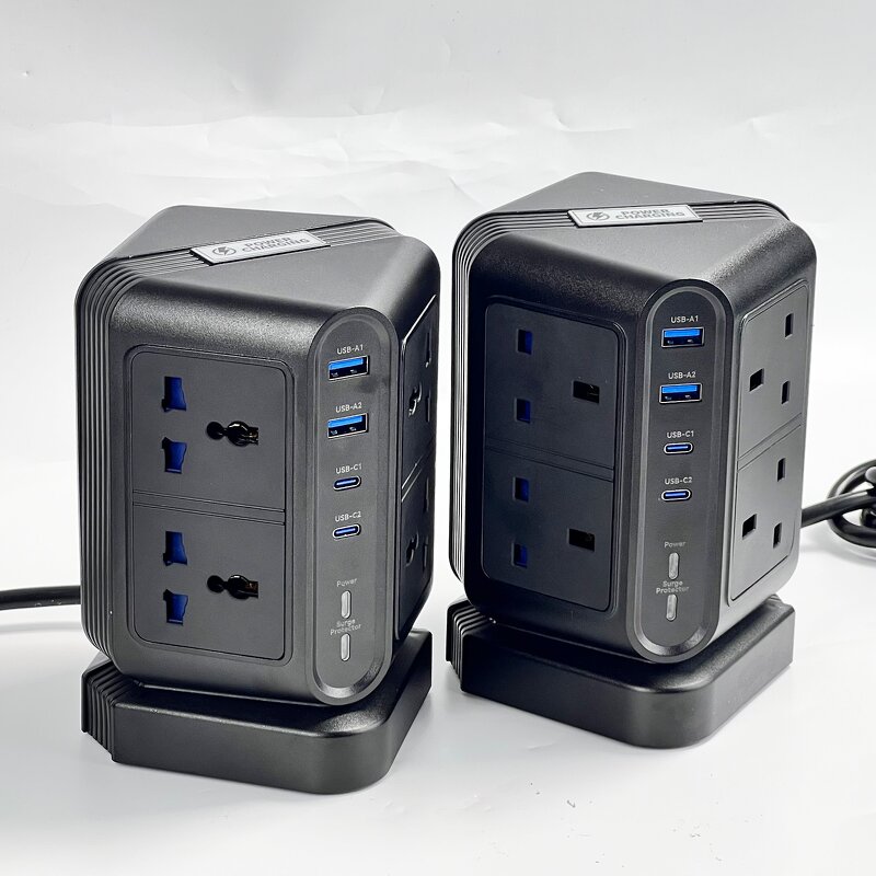 8 Way Universal Vertical Portable Power Strip Manufacturer - 8 Outlets 4 USB Ports (2+2C) Surge Protector Hospital Grade Extension Socket