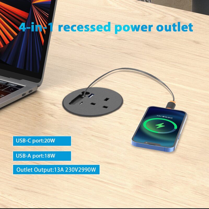 UK Grommet Socket Manufacturer - 3-inch Hole Integrated Retractable Type-C Charging Cable USB Power Output Multi-socket Power Socket