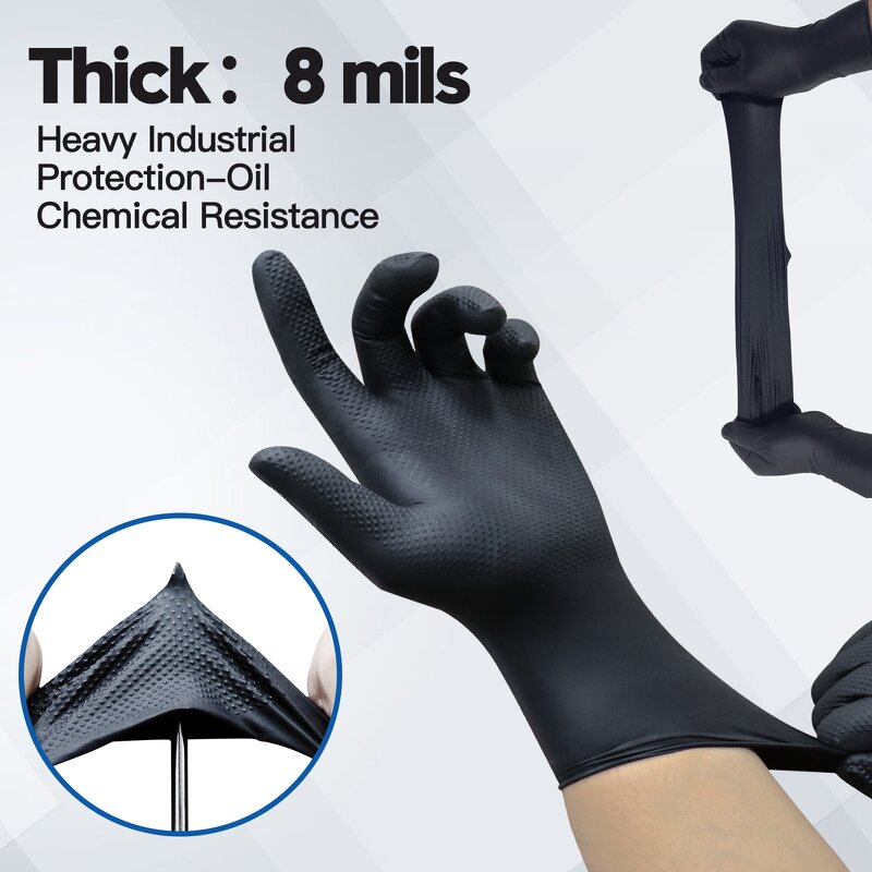 Heavy Duty Chemical Resistant Nitrile Gloves Manufacturer - 8 Mil Diamond Textured Mechanic Safety Work Disposable Black