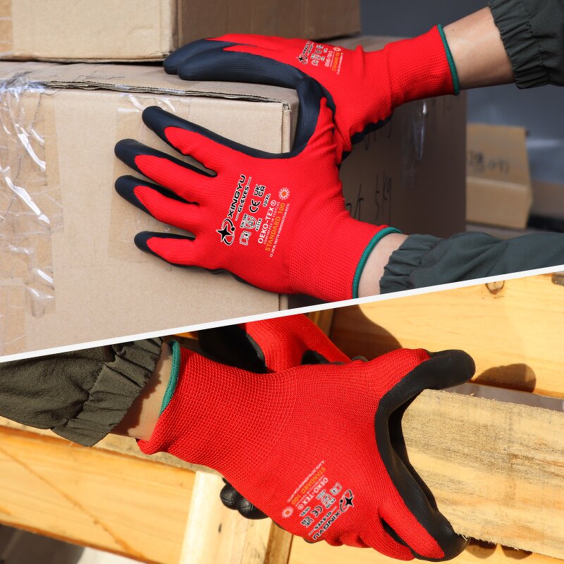 13g Gauge Cotton Lining Labor Gloves Manufacturer - Red Polyester Foam Black Nitrile Seaml Knitted Immersion Safety Work