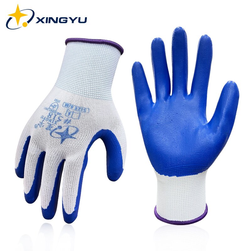 Industry Work 13G Polyester Nitrile Leather Gloves Manufacturer - Factory's Non-slip Blue Coated Safety with Anti-Slip Function