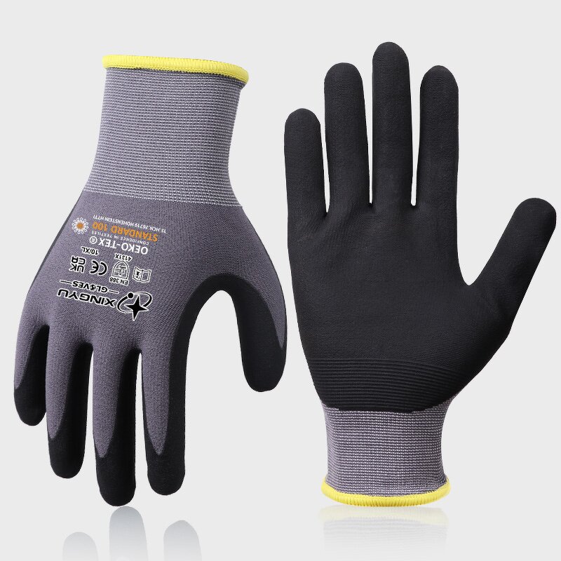 15Gauge Nylon Safety Construction Gloves With Logo Manufacturer - Grey Matte Nitrile Dotted Microfoam Coated Work Safety