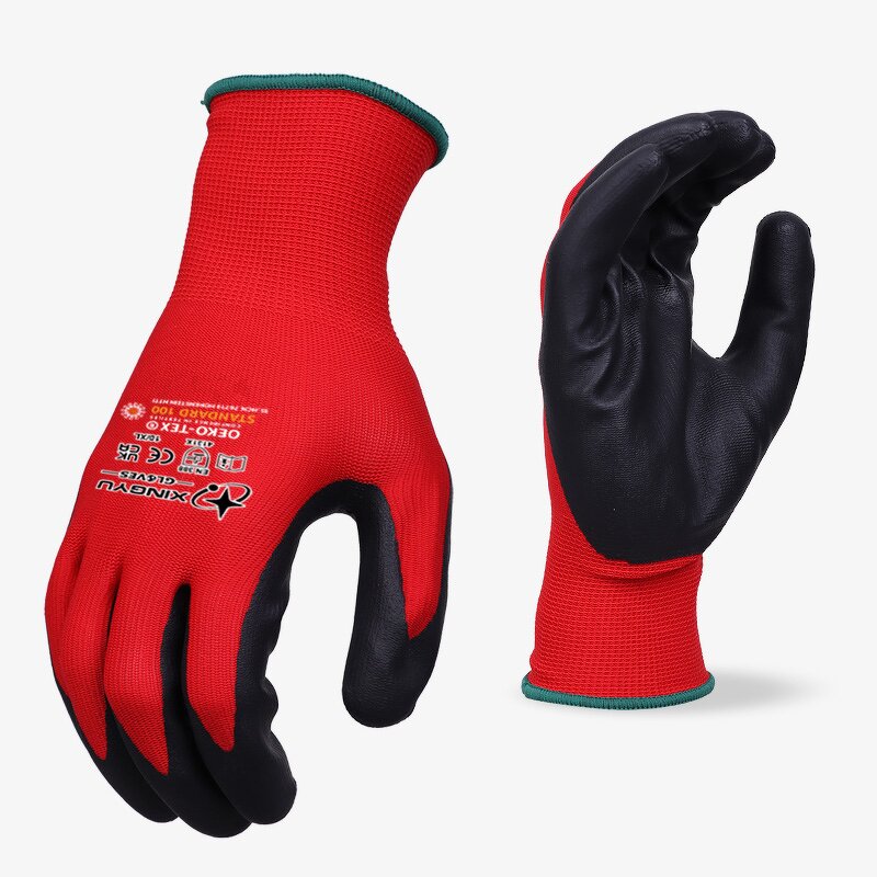13g Gauge Cotton Lining Labor Gloves Manufacturer - Red Polyester Foam Black Nitrile Seaml Knitted Immersion Safety Work