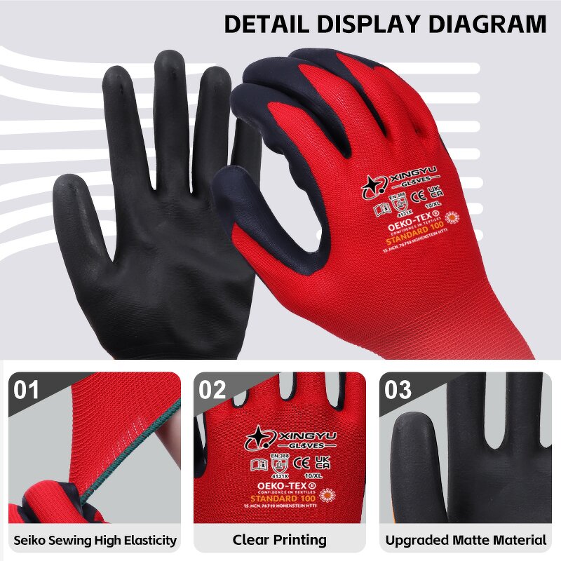 13g Gauge Cotton Lining Labor Gloves Manufacturer - Red Polyester Foam Black Nitrile Seaml Knitted Immersion Safety Work
