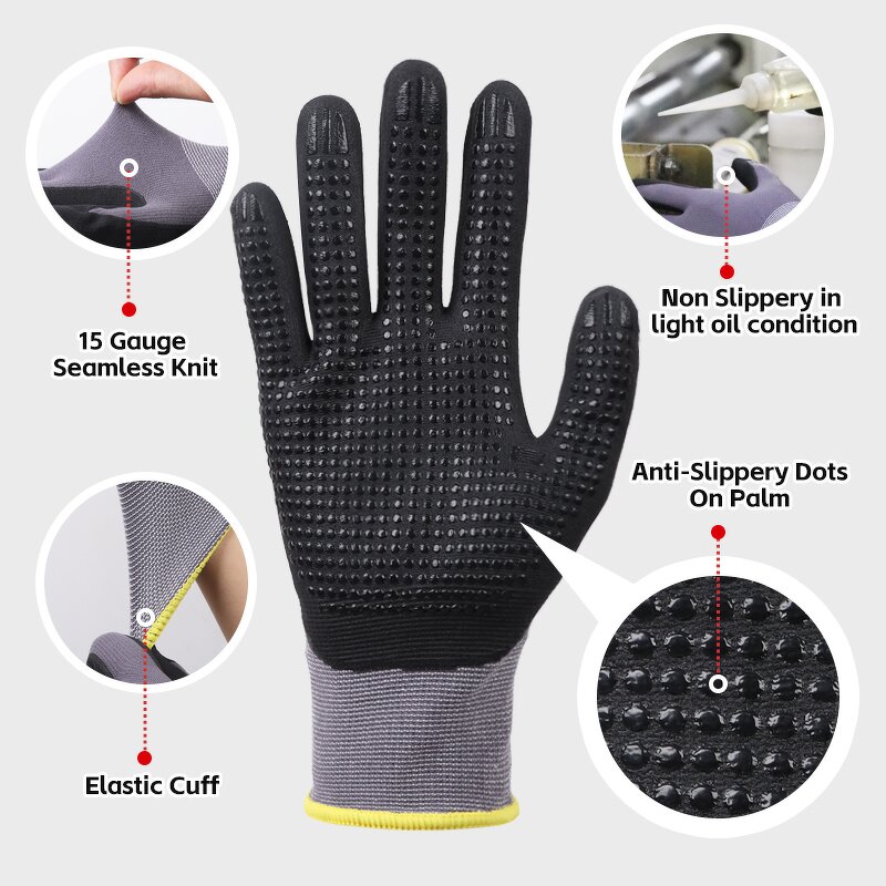 15G Nylon Spandex Work Gloves Manufacturer - Safety Construction Foam Nitrile Coated Dotted Beads Anti-Slip Safety