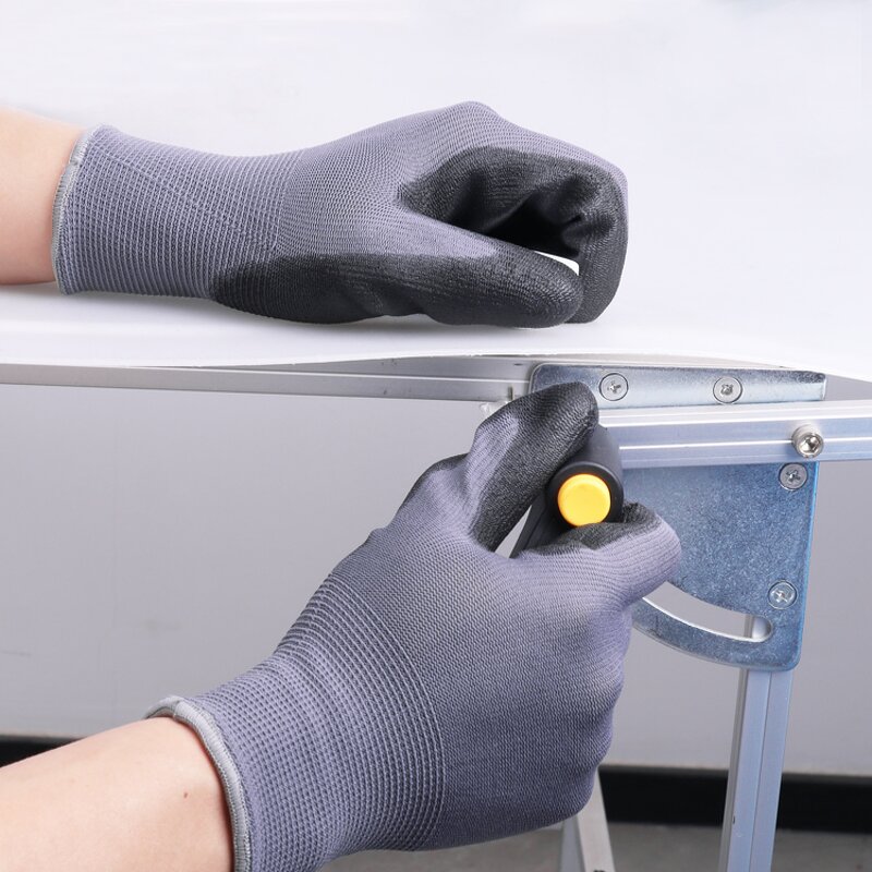 Cheap Guantes Para Trabajo Manufacturer - Nylon PU Coated Grey Polyester Work Gloves Soft Breathable PU Safety