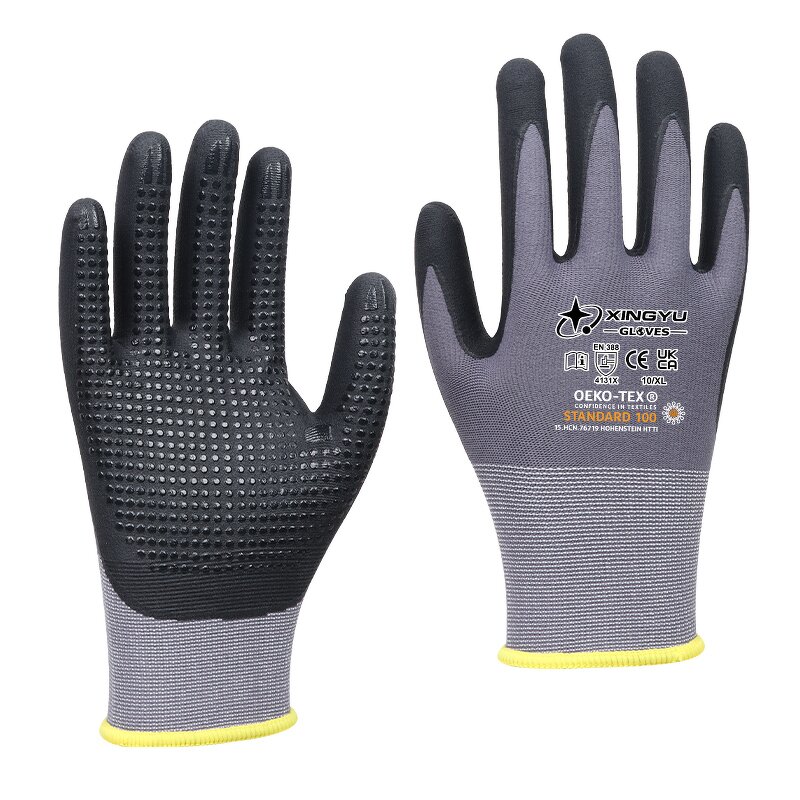 15Gauge Nylon Safety Construction Gloves With Logo Manufacturer - Grey Matte Nitrile Dotted Microfoam Coated Work Safety