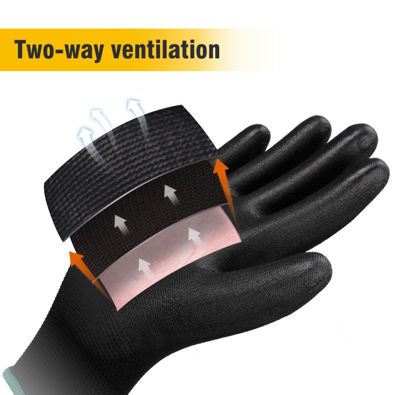 EN388 4131 Black PU Gloves Manufacturer - 13G Polyester ANSI Certified Nylon Lining Customizable Logo General XL PU Safety Work