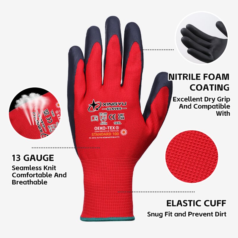13g Gauge Cotton Lining Labor Gloves Manufacturer - Red Polyester Foam Black Nitrile Seaml Knitted Immersion Safety Work
