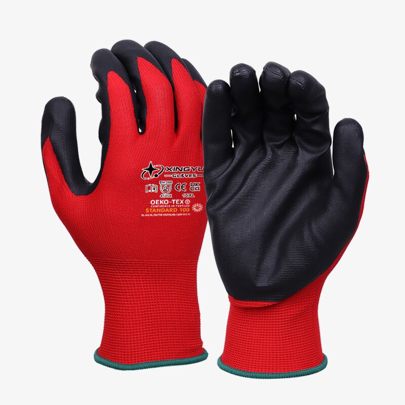 13g Gauge Cotton Lining Labor Gloves Manufacturer - Red Polyester Foam Black Nitrile Seaml Knitted Immersion Safety Work