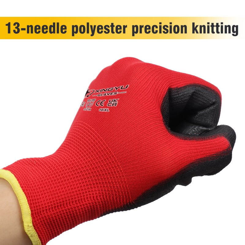 CE 4131X Waterproof Anti-Slip Work Gloves Manufacturer - Anti-Static Breathable 13Gauge Polyester PU Coated White Black Red