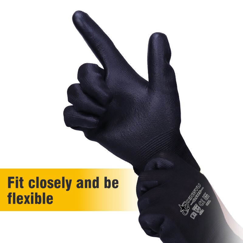 EN388 4131 Black PU Gloves Manufacturer - 13G Polyester ANSI Certified Nylon Lining Customizable Logo General XL PU Safety Work