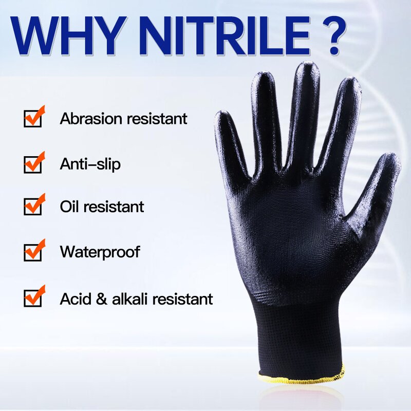 13 Gauge Polyester Nitrile Gloves Manufacturer - Factory Wholesale High Quality Black Waterproof Anti-Slip Work Safety