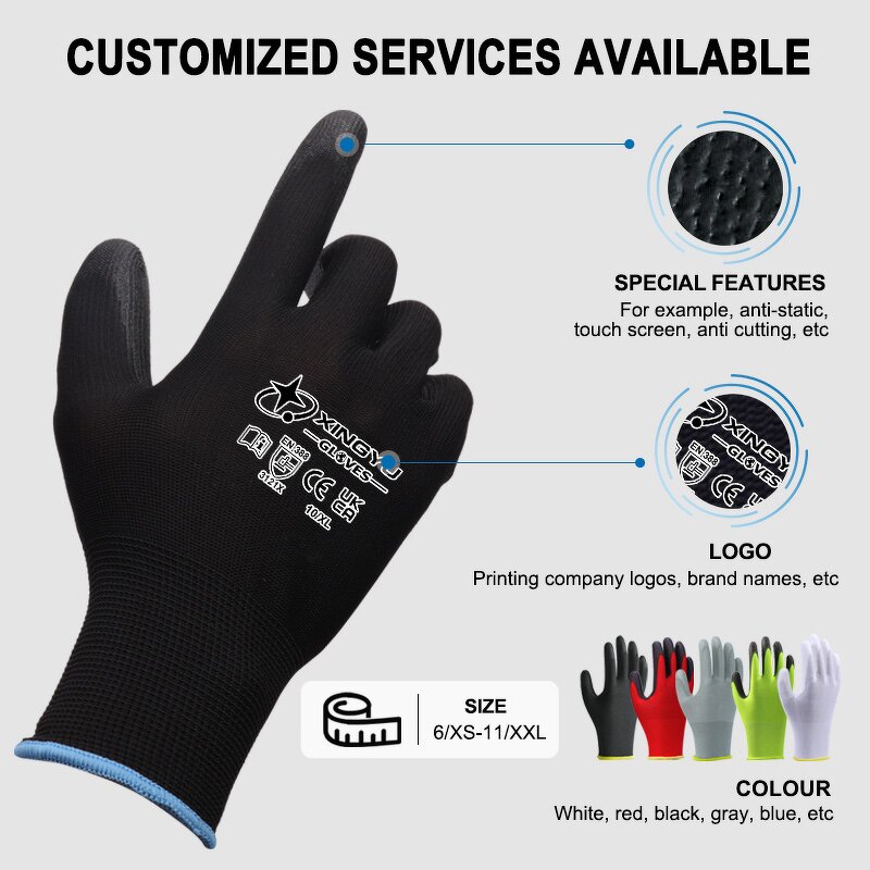 EN388 Black PU Palm Dipped Gloves Manufacturer - 13 Gauge Poliester Coating Knitted Nylon PU Coated Protective Work Safety