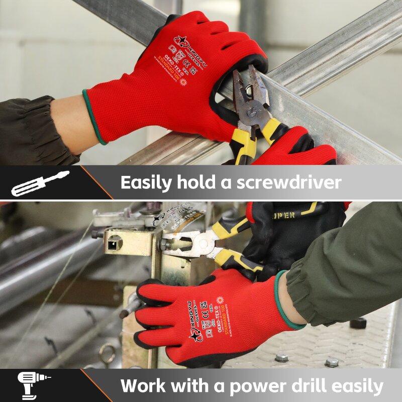 13g Gauge Cotton Lining Labor Gloves Manufacturer - Red Polyester Foam Black Nitrile Seaml Knitted Immersion Safety Work