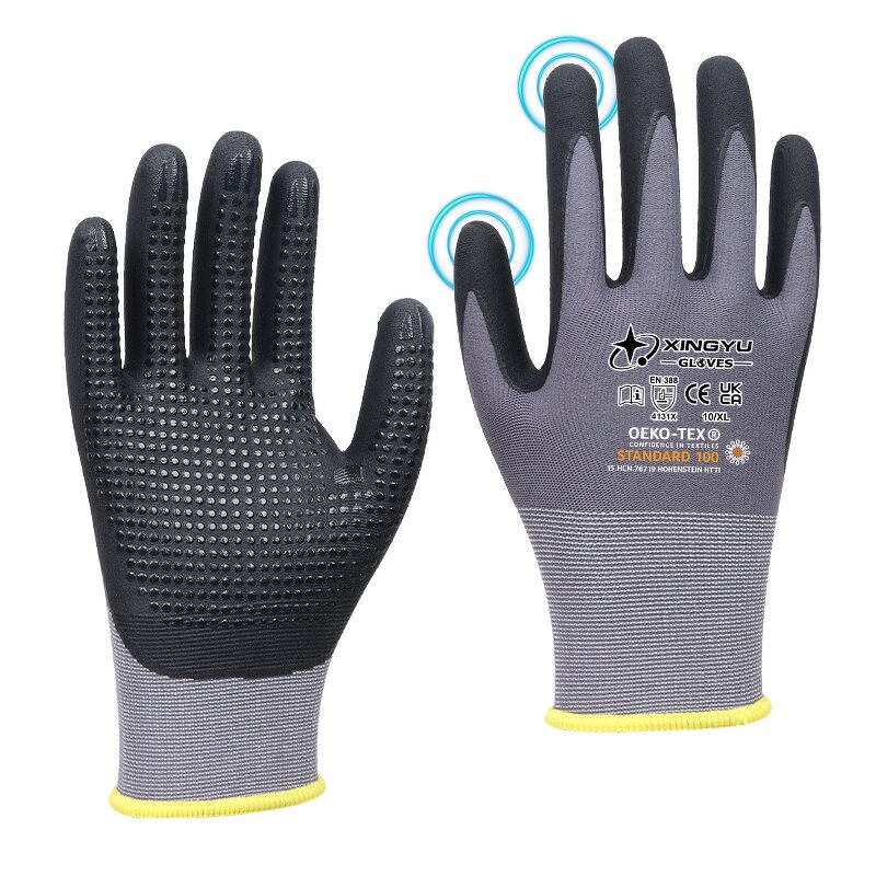 15G Nylon Spandex Work Gloves Manufacturer - Safety Construction Foam Nitrile Coated Dotted Beads Anti-Slip Safety