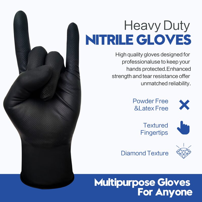 Waterproof 8 Mil Nitrile Gloves Manufacturer - Fish Handling Industrial Black Powder Free Heavy Duty Diamond Texture
