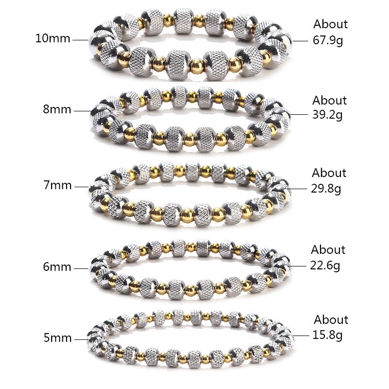 Stainless Steel Elastic Bracelet Manufacturer - PVD Gold Color Wholesale Texture Bead Two Tone Plating Stretch Stripe Bead Waterproof