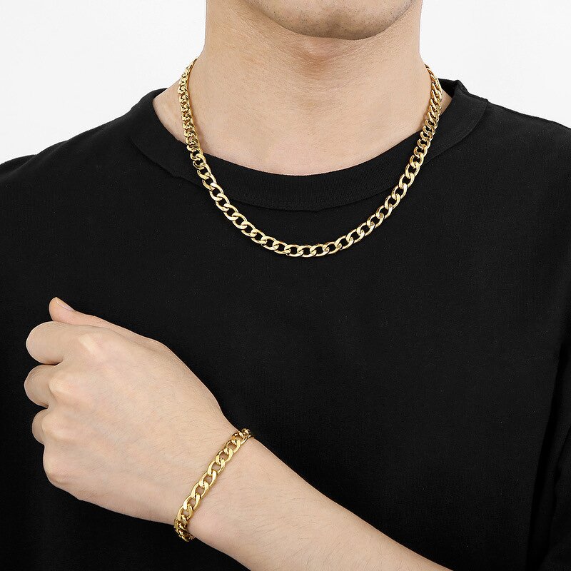 Stainless Steel Cuban Link Chain Manufacturer - Fashion Jewelry 18k Gold Wholesale Diy Making Europe Popular Bracelets Necklace Set Men NK1:1