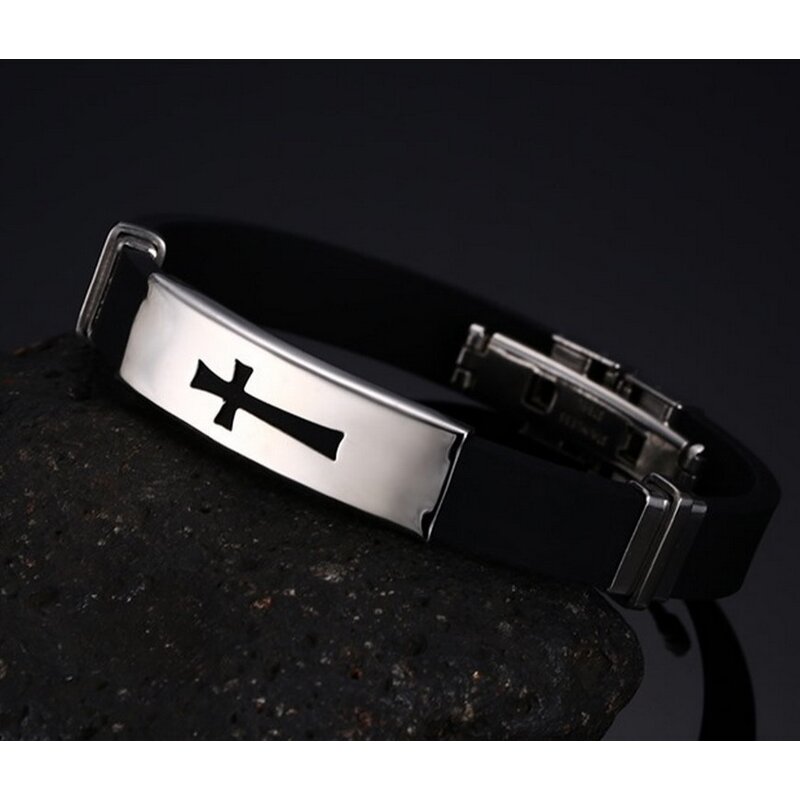 Silicone Cross Bracelet Manufacturer - GJB003 Father's Day Gift Women Men Christian Cross Jewelry Stainless Steel Bangle Rubber for Family
