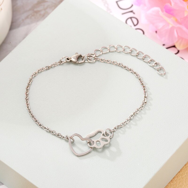 Stainless Steel Cat Paw Print Heart Charm Bracelet Manufacturer - Cheap Wholesale Dog Claw Animal Cute Jewelry 18k Gold Plated for Women Men