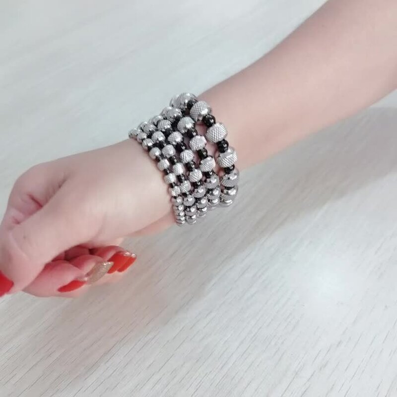 Stainless Steel Elastic Bracelet Manufacturer - Black Color Wholesale Texture Bead Two Tone Plating Stretch Stripe Bead Waterproof