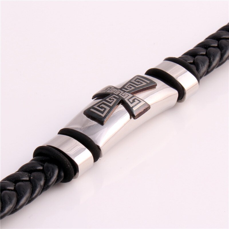 PU Leather Bracelet Manufacturer - Hot-Sale Handmade Men Black Classic Stainless Steel PU Cross
