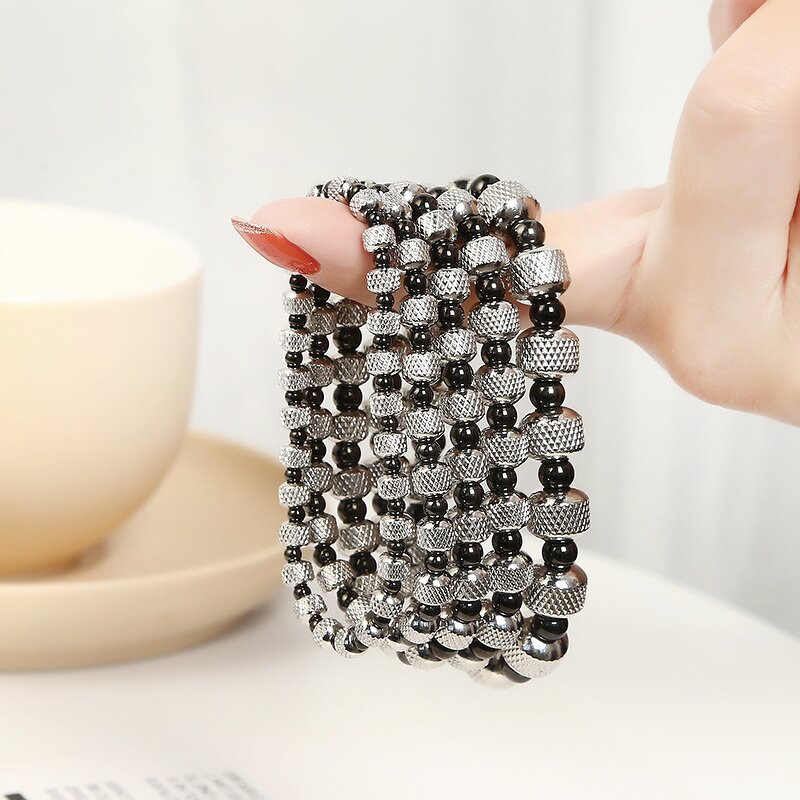 Stainless Steel Elastic Bracelet Manufacturer - Black Color Wholesale Texture Bead Two Tone Plating Stretch Stripe Bead Waterproof