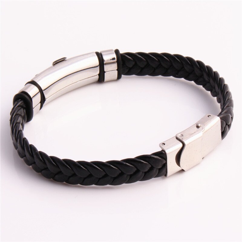 PU Leather Bracelet Manufacturer - Hot-Sale Handmade Men Black Classic Stainless Steel PU Cross