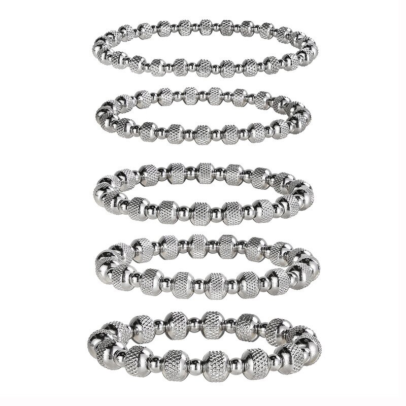 Stainless Steel Spacer Bead Bracelet Manufacturer - Wholesale No Fade Color Shiny Silver Color Textured Round Ball Elastic
