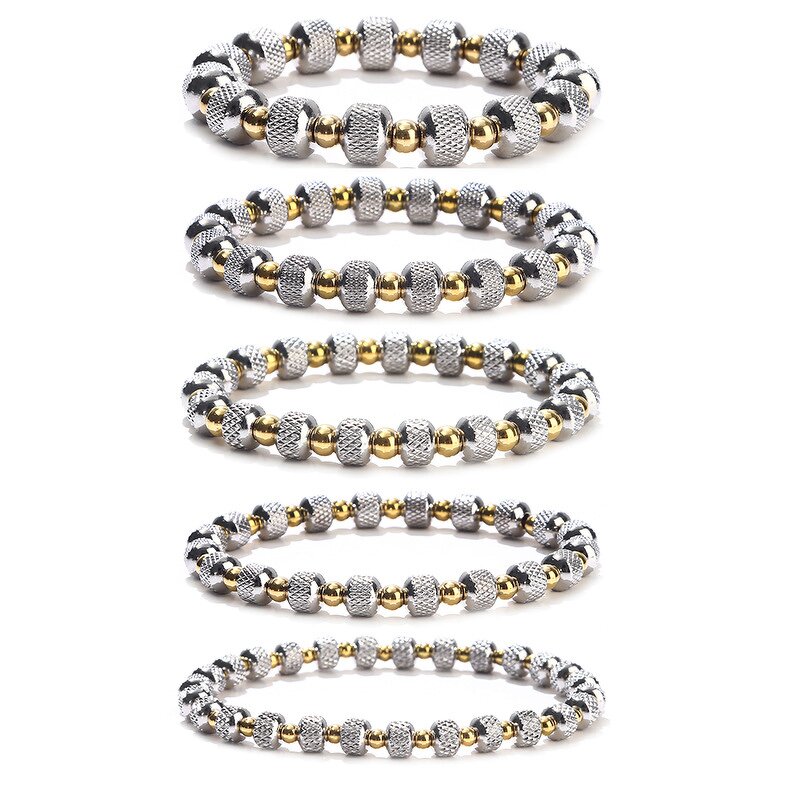 Stainless Steel Elastic Bracelet Manufacturer - PVD Gold Color Wholesale Texture Bead Two Tone Plating Stretch Stripe Bead Waterproof