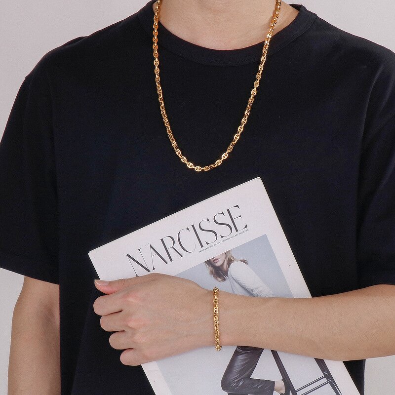 Stainless Steel Jewelry Set Manufacturer - Wholesale Custom Hand Made Trendy High Quality Pig Nose Men Geometric Chain Bracelet Necklace