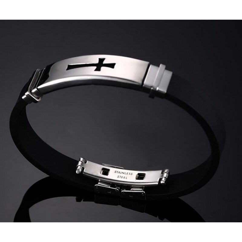 Silicone Cross Bracelet Manufacturer - GJB003 Father's Day Gift Women Men Christian Cross Jewelry Stainless Steel Bangle Rubber for Family
