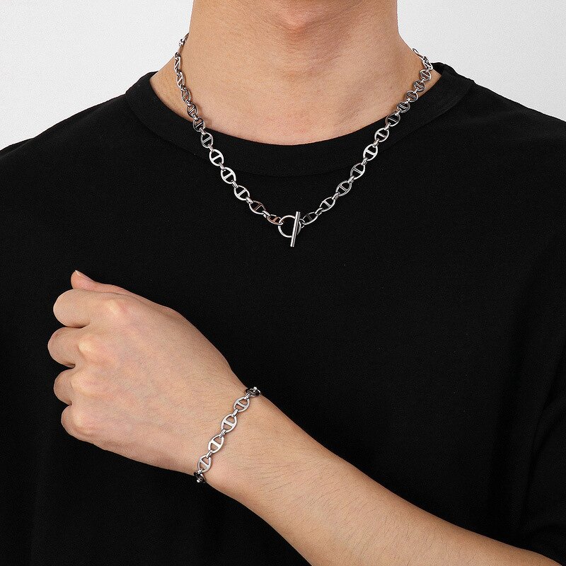 Stainless Steel Jewelry Set Manufacturer - Wholesale Custom Hand Made Trendy OT Toggle Pig Nose Men Geometric Chain Bracelet Necklace