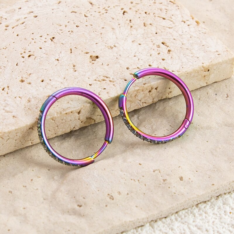 Stainless Steel Huggie Earrings Manufacturer - Wholesale Minimal Crystal Zircon Inlaid Black Silver Rainbow Round Circle Piercing Jewelry