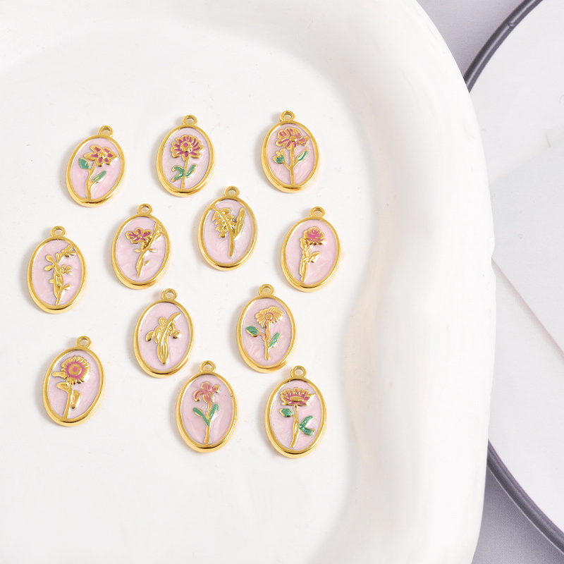 Stainless Steel December Birth Flower Pendant Manufacturer - 18K Gold Plated Punk Floral Oval Pink Oil Drop DIY Charm Necklace