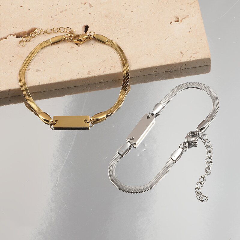 Stainless Steel Snake Chain Bracelet Manufacturer - Trendy Gold-color Plated Long Flat Unisex Temperament All-match DIY Engraving Snake Bone