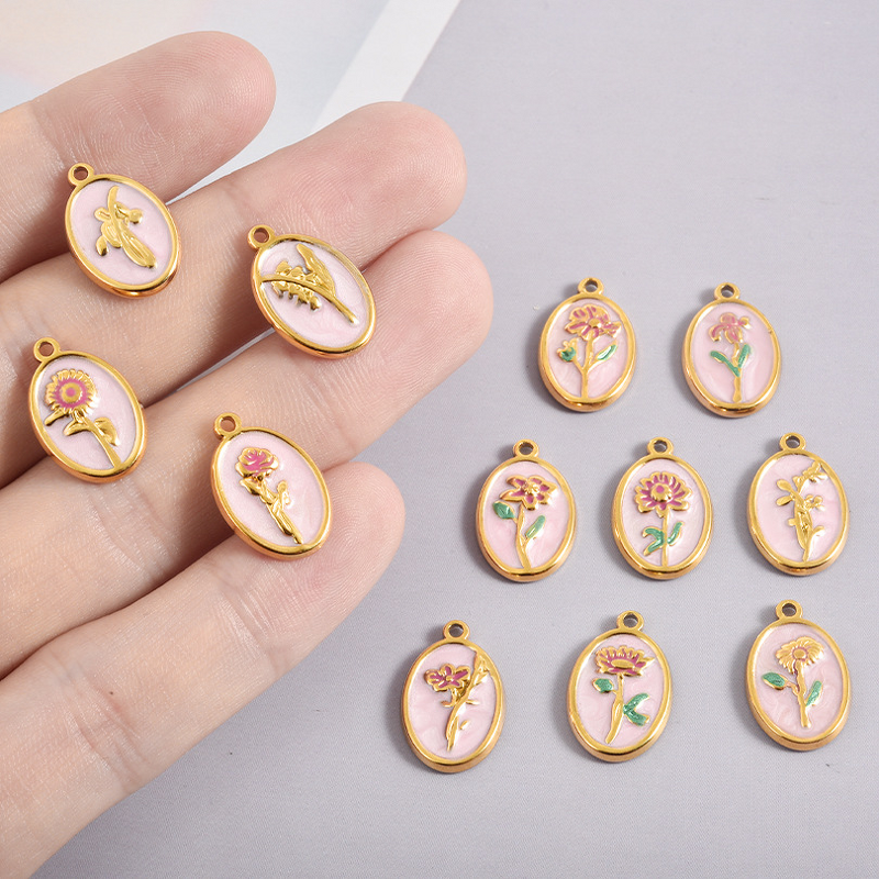 Stainless Steel December Birth Flower Pendant Manufacturer - 18K Gold Plated Punk Floral Oval Pink Oil Drop DIY Charm Necklace