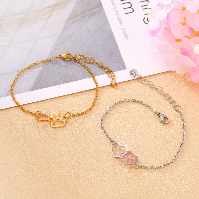 Stainless Steel Cat Paw Print Heart Charm Bracelet Manufacturer - Cheap Wholesale Dog Claw Animal Cute Jewelry 18k Gold Plated for Women Men