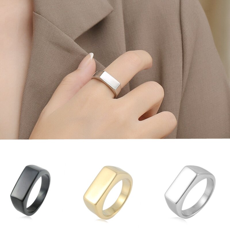 Stainless Steel Blank Ring Manufacturer - European American Trendy Women Children's Personality All-match Rectangular Smooth Gold-color Plated