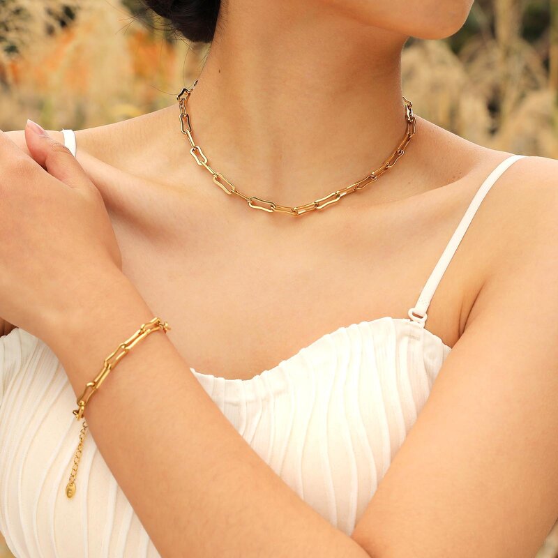 Stainless Steel Jewelry Set Manufacturer - Wholesale 18k Gold Plated Non Tarnish Waterproof Fashion Titanium Steel Necklace Bracelet for Women