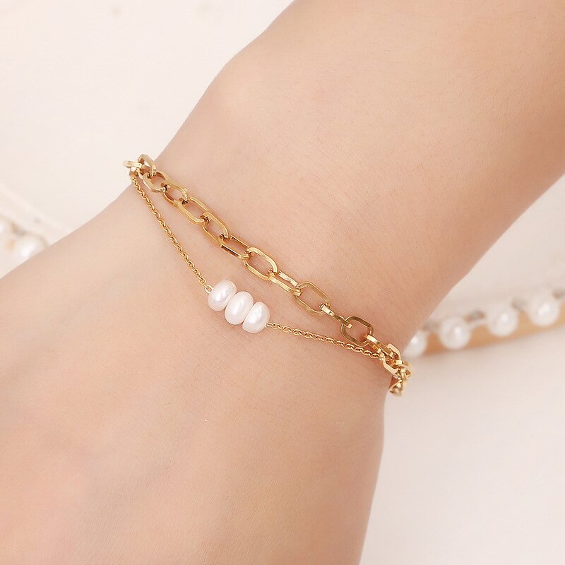 Stainless Steel Paperclip Chain Bracelet Manufacturer - 18k Gold Women's Fashion Accessories Double Layer Freshwater Pearls Charm