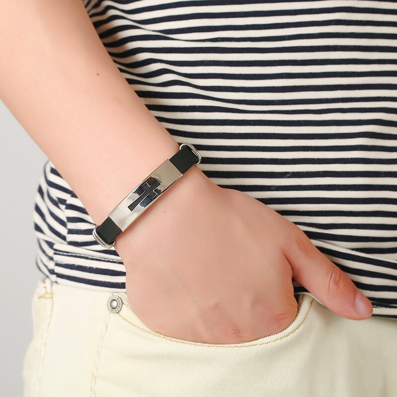 Stainless Steel Cross Bracelet Manufacturer - GJB034 Gold Christian Gift Bangle Women Men Silicone Wristband Couple Jewelry Party Anniversary